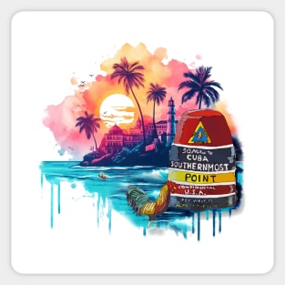 Key West Southernmost Point in the US Marker with Cuban Scenery - WelshDesigns Sticker